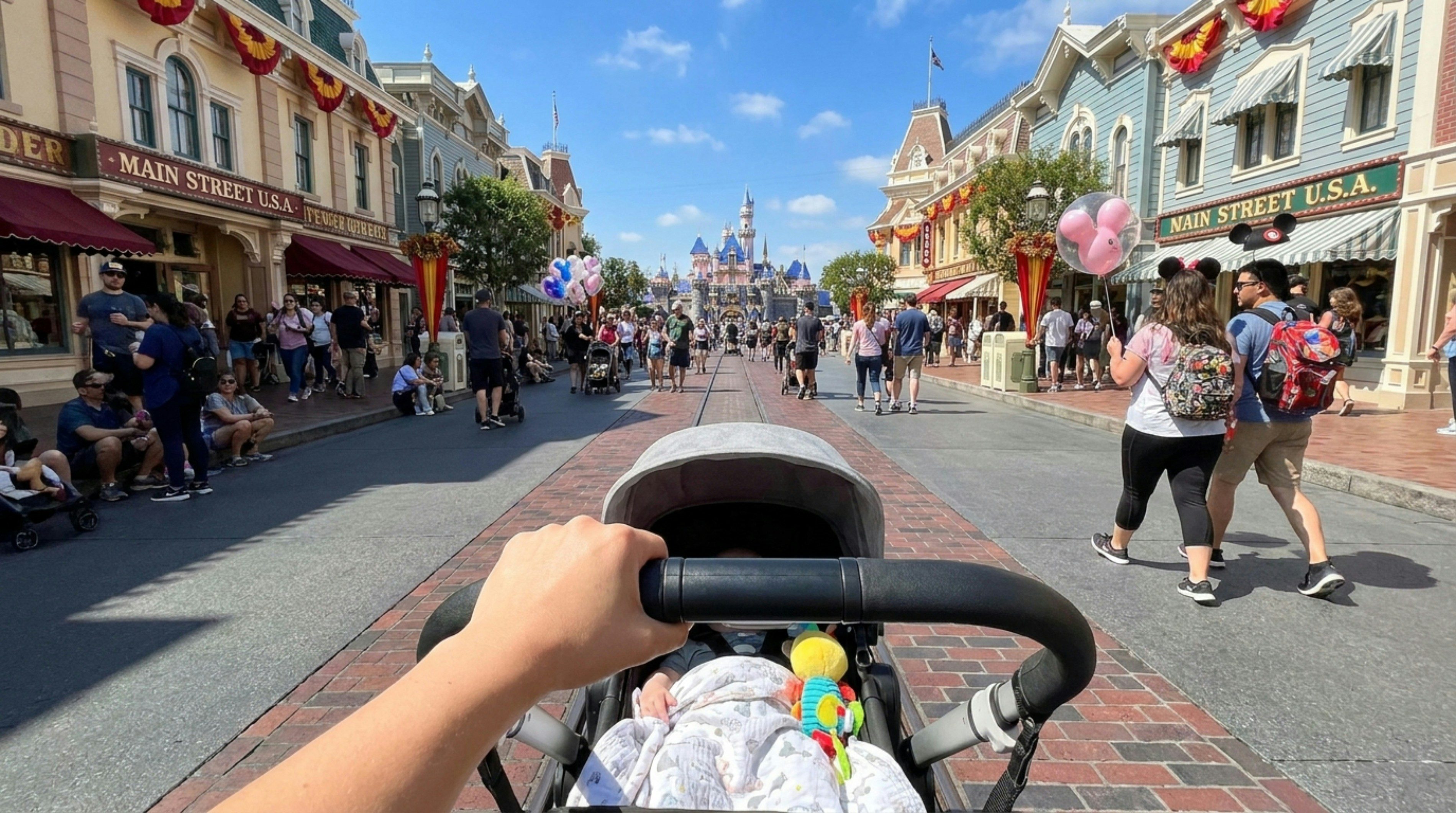 Parent's POV pushing a stroller down Disneyland Main Street USA toward Sleeping Beauty Castle on a sunny day.