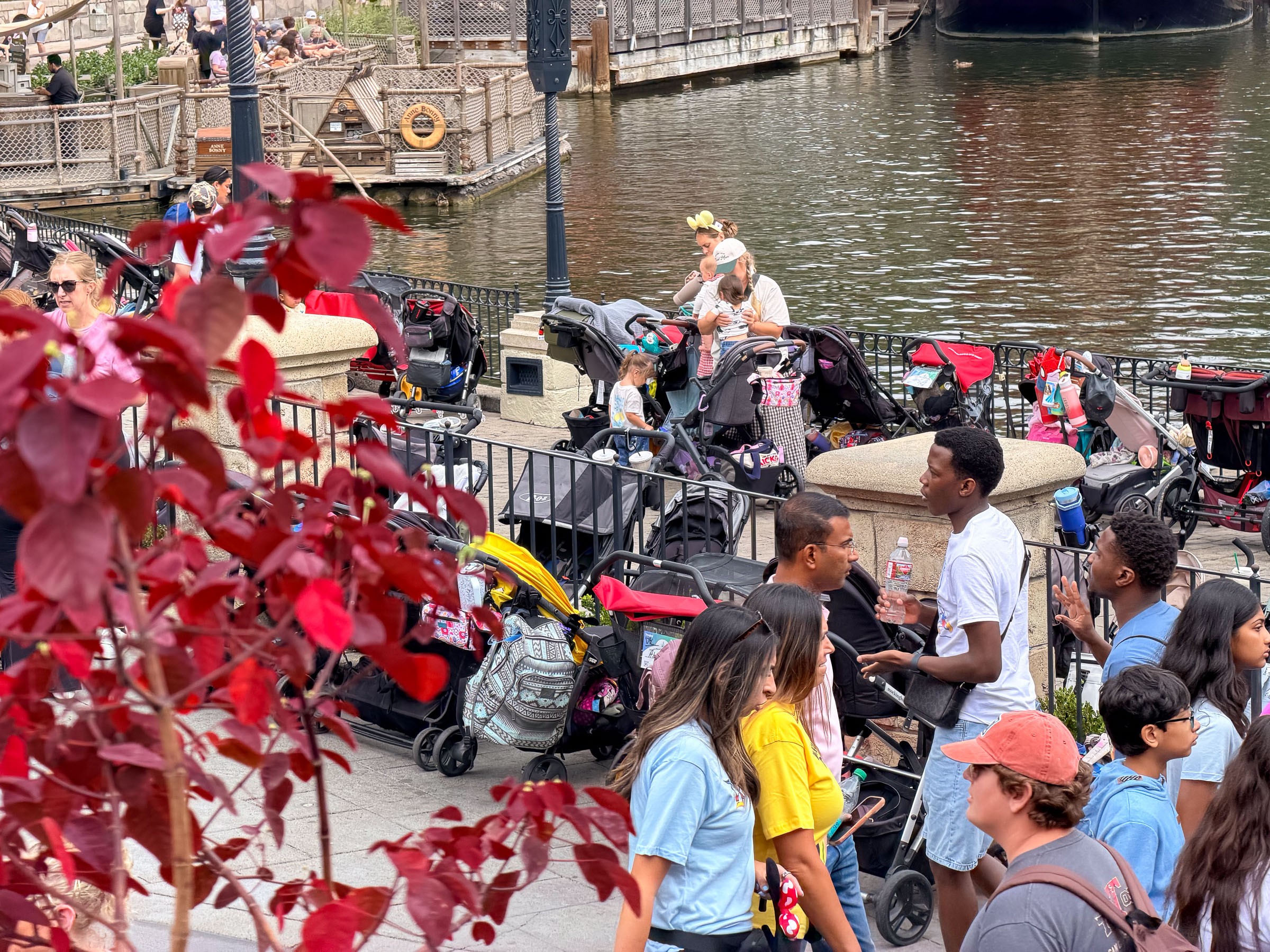 Rows of parked strollers in a Disney park stroller parking area