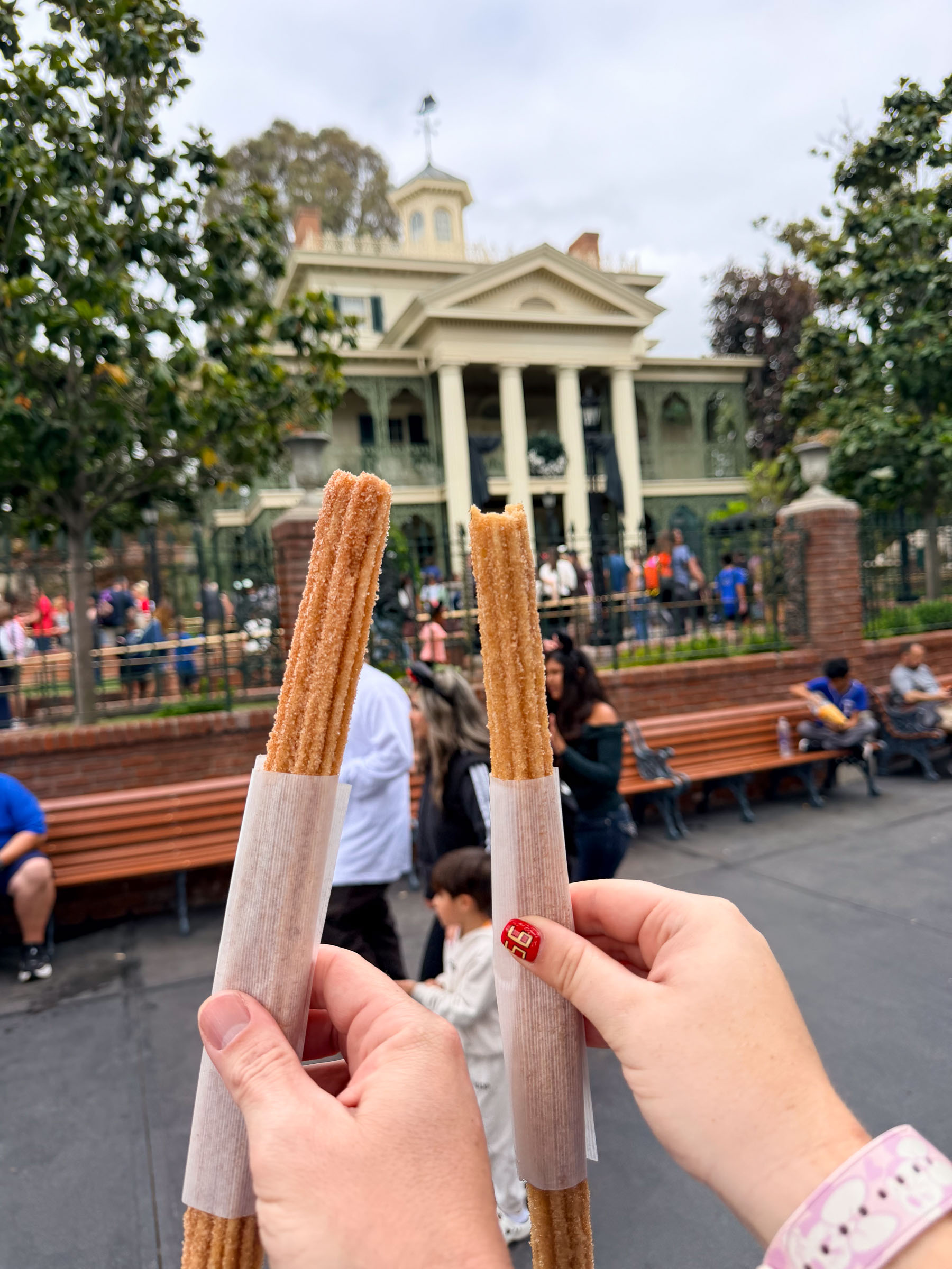 Two churros held up in front of the Haunted Mansion