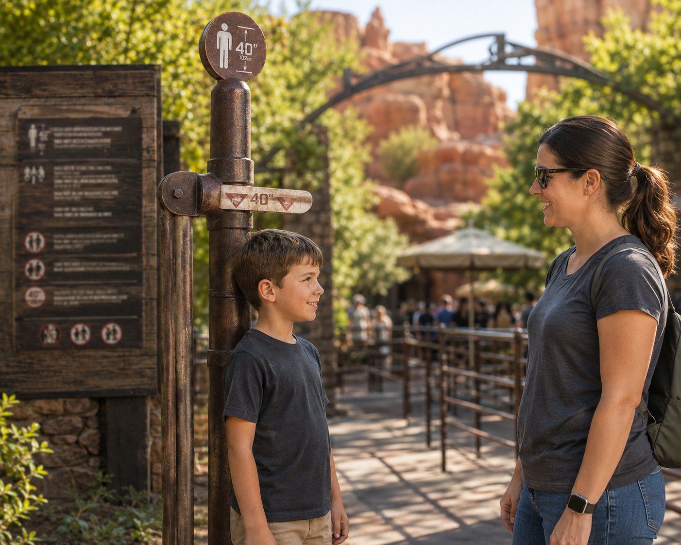 Boy standing at a 40-inch height requirement marker at a Disney theme park ride entrance with his mother.