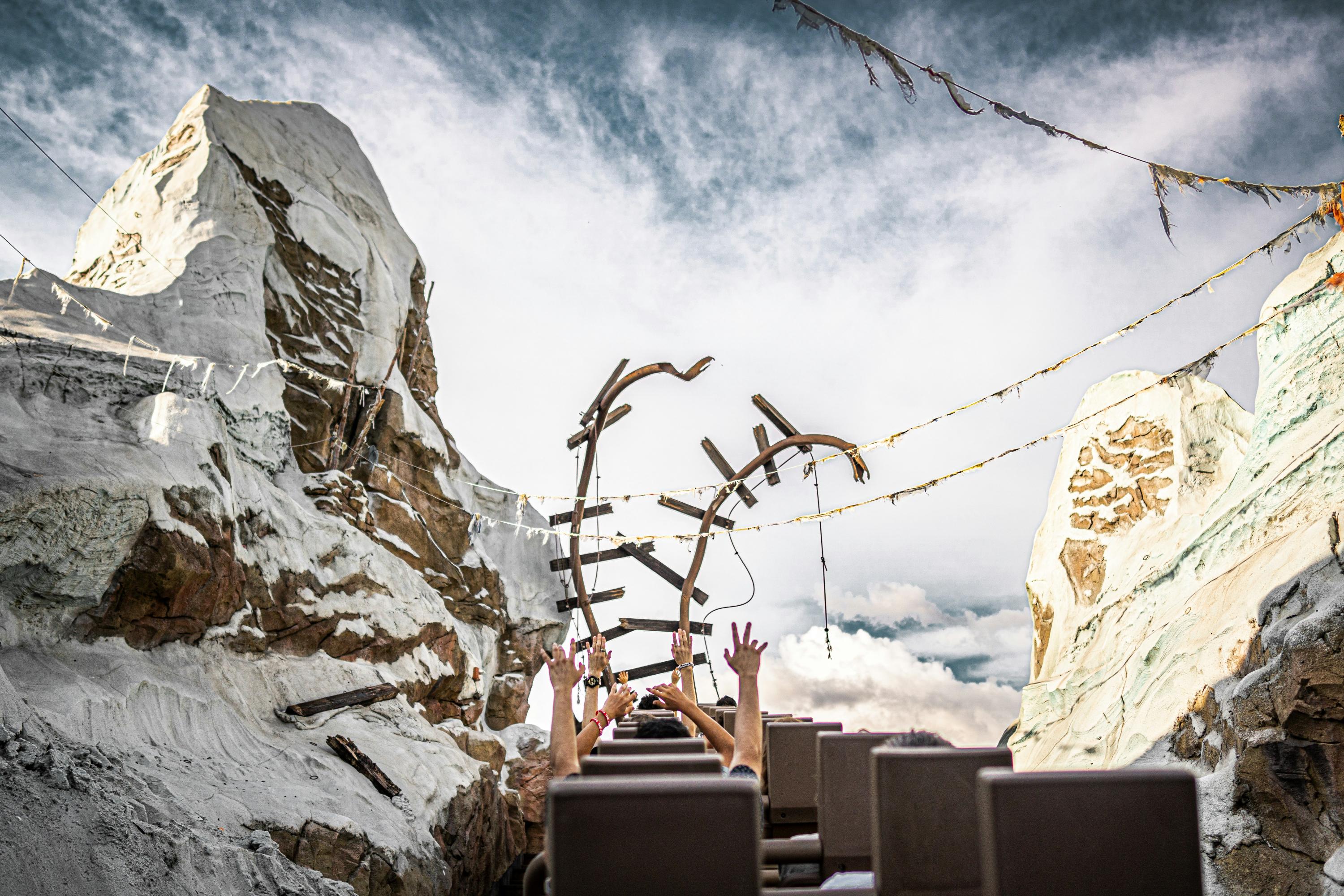 Expedition Everest on-ride photo showing guests with hands up on the roller coaster at Animal Kingdom.
