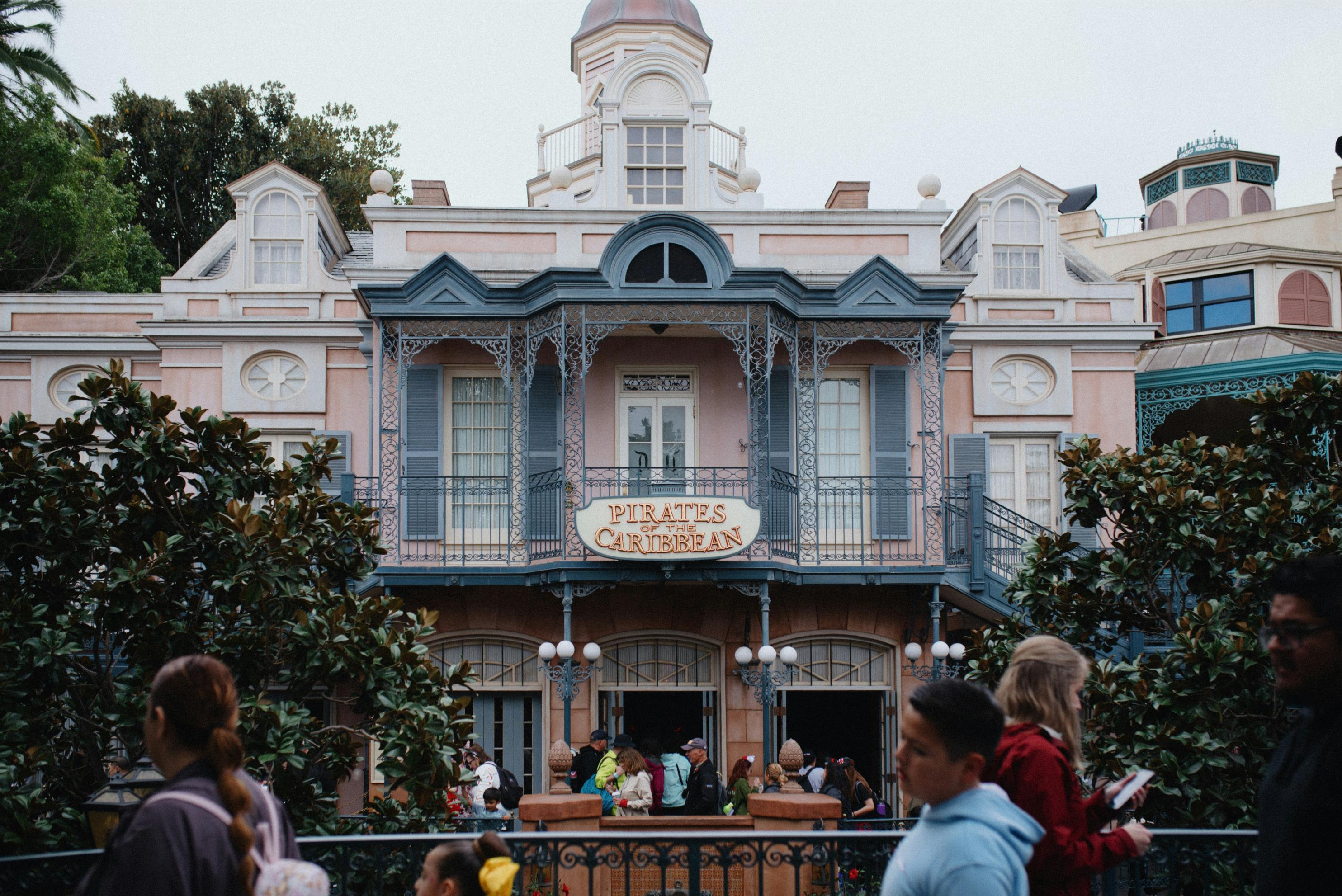 The Pirates of the Caribbean entrance building at Disneyland Park in New Orleans Square.