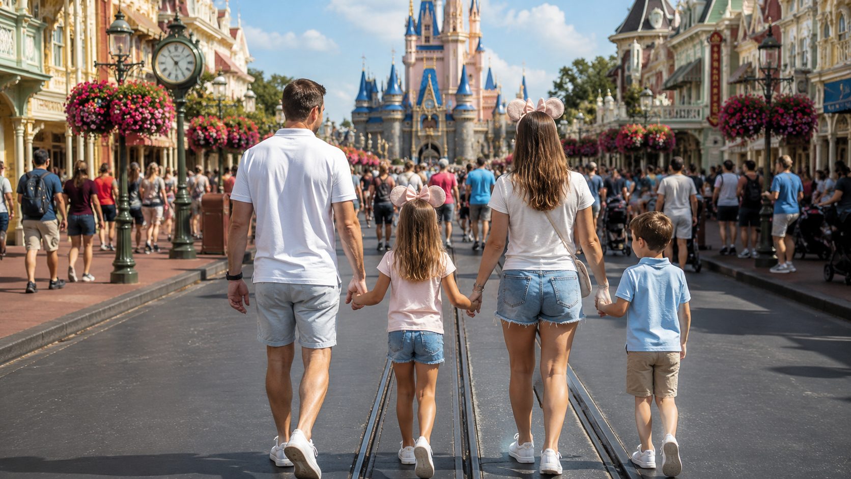 Family in comfortable summer outfits walking down Main Street USA toward Cinderella Castle at Walt Disney World.