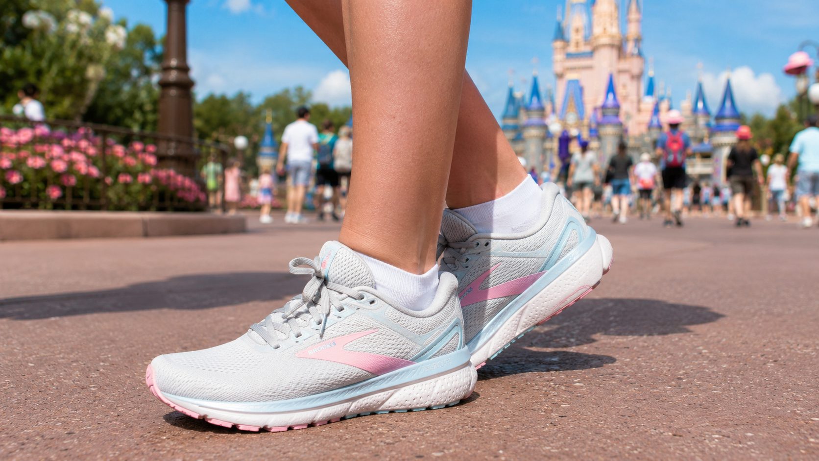 Close-up of comfortable athletic sneakers at Magic Kingdom — the most important footwear choice for Disney parks.