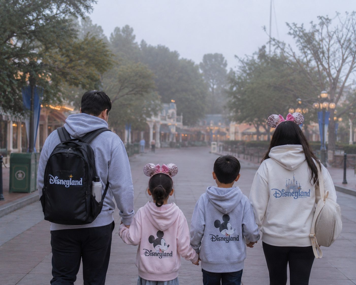 Family wearing Disneyland hoodies on a cool morning at Disneyland in the marine layer.